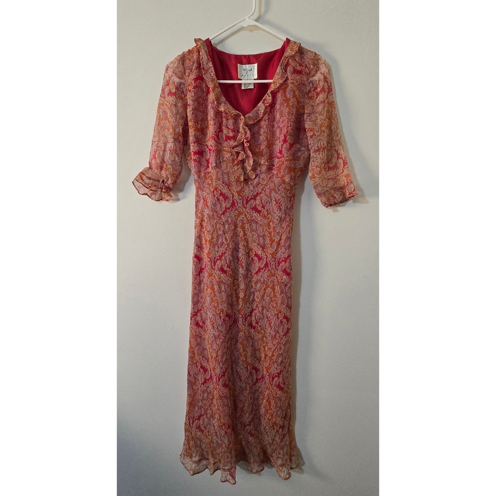 Vintage Vision Apparel Dress Silk Midi Womens 4 Pink Orange Ruffle
